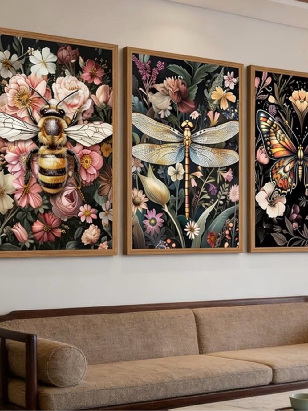 Canvas 3 Piece Set Floral Insect Wall Art Set - Black & Pink Botanical Prints